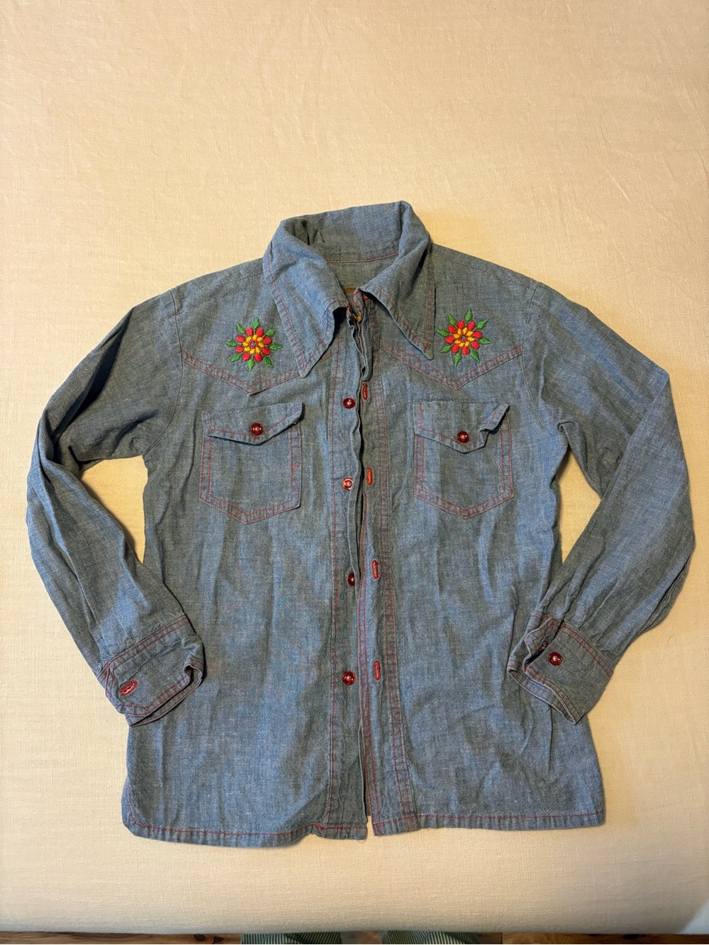 Girls vintage Embroidered Blue Denim Shirt size 12